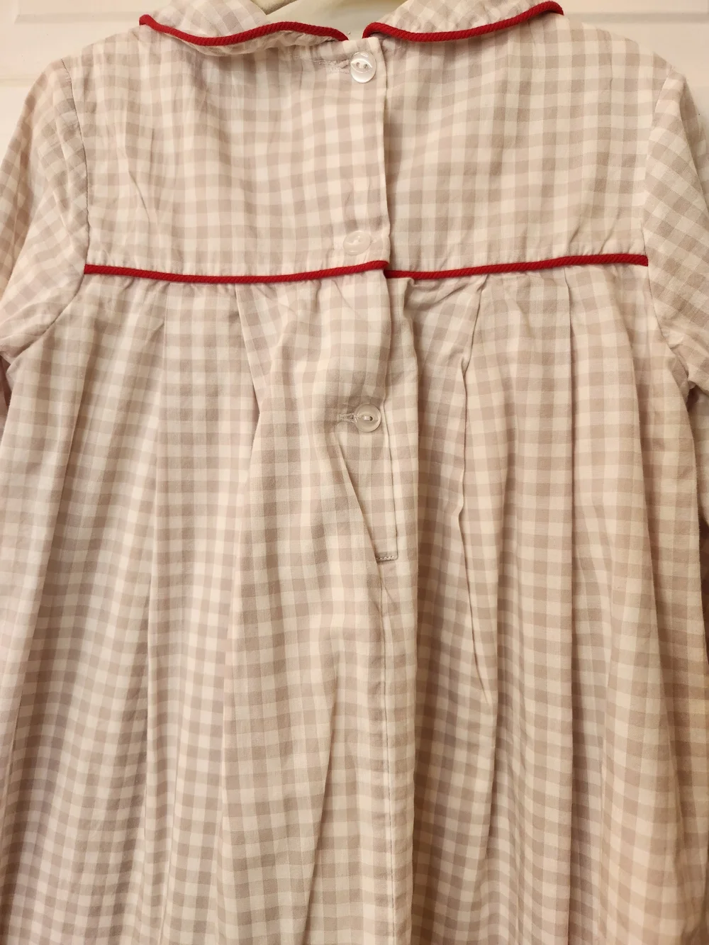 The Oaks Apparel girls taupe/white gingam pleated cotton dress
